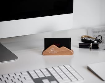 Cherry & Walnut Wood Business Card Holder: Corporate Desk Decor