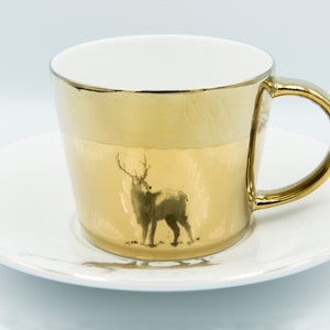 Mirror Cup and Saucer - Gold Deer 8oz for Tea & Coffee | Mother&#39;s Day Gift | Christmas Gift