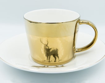 Mirror Cup and Saucer - Gold Deer 8oz for Tea & Coffee | Mother's Day Gift | Christmas Gift