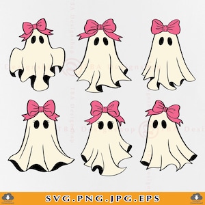 May include: A collection of six cartoon ghosts with pink bows. The ghosts are white with black eyes and a flowing sheet design. The image includes the text "SVG.PNG.JPG.EPS" in a yellow banner at the bottom.