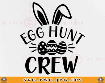Peut inclure: Conception graphique en noir et blanc avec des oreilles de lapin, trois œufs de Pâques et le texte "Egg Hunt Crew".