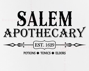 Può includere: Design grafico in bianco e nero per "Salem Apothecary" con il testo "EST. 1629" e le parole "Potions, Tonics, Elixirs". Il design include frecce decorative e stelle.