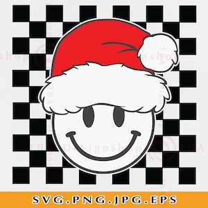 Checkered Smiley Face With Santa Hat SVG, Trendy Christmas Happy Face, Retro Smiley Face Christmas Shirt SVG, Cut Files For Cricut, Svg, PNG