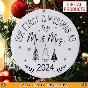 Onze eerste kerst als de heer en mevrouw 2024 SVG, Kerst Ornament SVG, Bruiloft Ornament SVG, Newlywed Gift Svg, Shirt, bestanden voor Cricut, Svg, Png