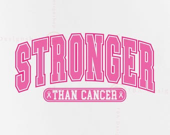 May include: A graphic design featuring the word STRONGER in a large, bold, pink collegiate font with a white outline. Below it, a pink rectangular banner contains the text THAN CANCER, flanked by two small pink awareness ribbon icons.