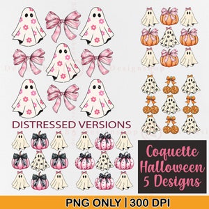 May include: Digital art featuring various Halloween-themed designs. Includes ghosts with pink flower patterns, pink bows, and pumpkins. The text "DISTRESSED VERSIONS" and "Coquette Halloween 5 Designs" are also present. The image is labeled "PNG ONLY | 300 DPI".