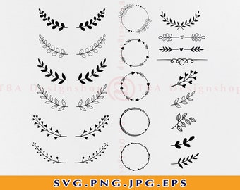 Hand Drawn Leaves SVG, Leaves SVG Bundle, Floral Wreath Svg, Circle Frame Svg, Branch Svg, Laurel Wreath SVG, Leaf,Files For Cricut, Svg,Png