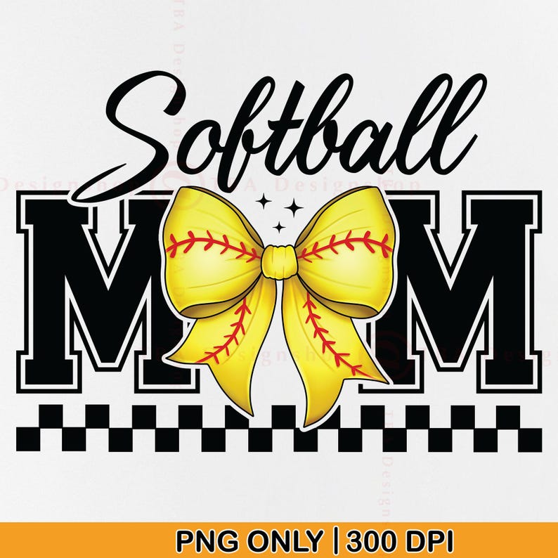 May include: Black and white graphic with the text "Softball Mom" in a large, stylized font. A yellow and red softball bow with white stitching is centered between the words.