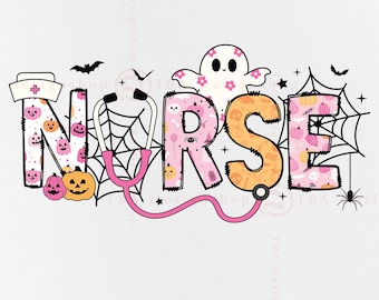 Infermiera rosa di Halloween PNG, sublimazione infermieristica spettrale (download digitale)
