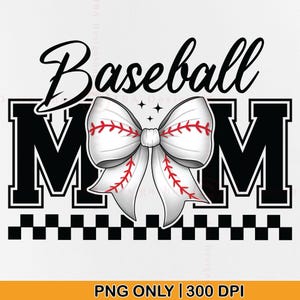 K&ouml;nnte beinhalten: Schwarz-wei&szlig;es Grafikdesign mit dem Text "Baseball Mom" in fetter Schrift. Eine wei&szlig;e Schleife mit roten N&auml;hten, die einem Baseball &auml;hnelt, ist mittig im Design platziert. Ein schwarz-wei&szlig;es Schachbrettmuster befindet sich am unteren Rand des Designs.