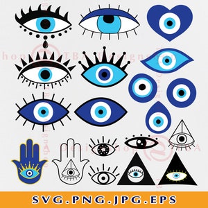 May include: A set of 14 digital clipart images featuring the evil eye symbol in various styles. The images include the evil eye in a heart shape, a crown, and a hand. The evil eye is a symbol of protection against evil and bad luck.