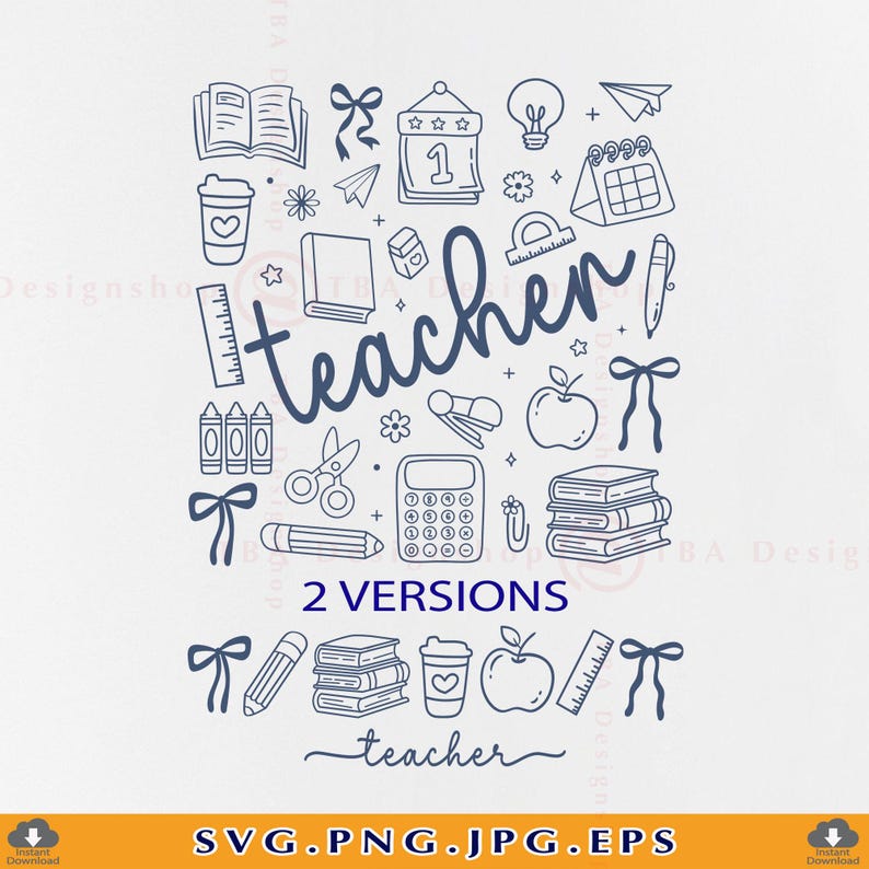Teacher Doodle SVG, Coquette Bow, Preppy Icons (Cut File) image 1