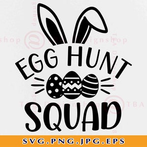Puede incluir: Diseño gráfico en blanco y negro con orejas de conejo, tres huevos de Pascua y el texto "EGG HUNT SQUAD".