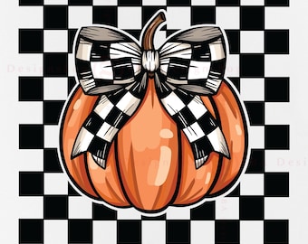 Halloween Pumpkin Checkered Bow PNG, Coquette Fall Design (Digital Download)