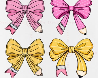 Pencil Bow PNG, Teacher Pencil Coquette Bow PNG, Coquette Pencil Bow Png Bundle, Coquette Teacher Shirt, Back To School, Teacher Gift, PNG