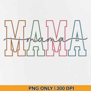 Könnte beinhalten: Grafikdesign mit dem Wort "MAMA" in großen Blockbuchstaben. Die Buchstaben sind in Braun, Grün und Rosa umrandet, mit einem kursiven "mama" in Grau überlagert. Der Hintergrund ist weiß.