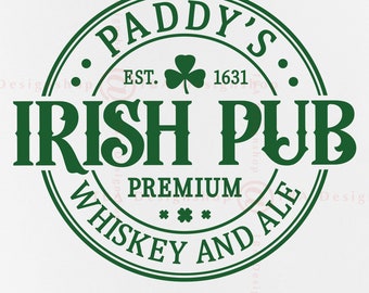 May include: Green and white circular logo with the text "Paddy's Irish Pub" and "Est. 1631" with a shamrock design. The logo also includes the text "Premium Whiskey and Ale".