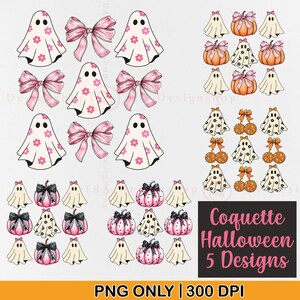 May include: Digital art featuring a collection of Halloween-themed designs. Includes ghosts with pink flower patterns, pink bows, pumpkins, and disco balls. The text "Coquette Halloween 5 Designs" is displayed on a black background.