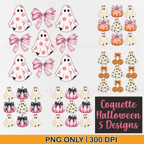 Coquette Halloween Ghost & Bow PNG, Retro Fall Designs (Digital Download)