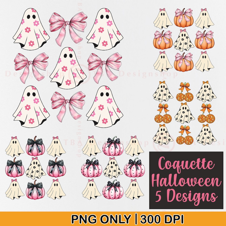 May include: Digital art featuring a collection of Halloween-themed designs. Includes ghosts with pink flower patterns, pink bows, pumpkins, and disco balls. The text "Coquette Halloween 5 Designs" is displayed on a black background.
