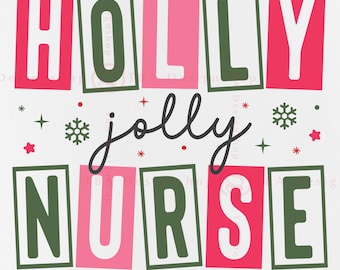 以下が含まれることがあります： ピンク、グリーン、レッドのボックスに「HOLLY jolly NURSE」というクリスマスをテーマにしたデザイン。言葉は雪片と星で囲まれています。