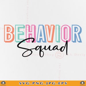 Op de afbeelding: Een grafisch ontwerp met de woorden "BEHAVIOR Squad". Het woord "BEHAVIOR" staat in oranje, turquoise, roze en blauwe blokletters. Het woord "Squad" staat in een cursief lettertype. Het ontwerp staat tegen een witte achtergrond.