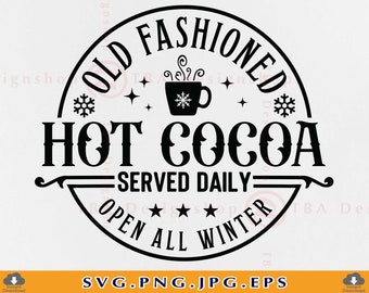 May include: Black and white graphic design of a circle with the text "Old Fashioned Hot Cocoa Served Daily Open All Winter" and a stylized image of a mug of hot cocoa with steam rising from it.