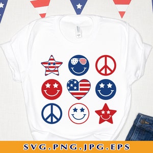 7 月 4 日のスマイリー フェイス SVG、7 月 4 日の SVG、独立記念日シャツ SVG、愛国的なシャツ、スマイリー ヒッピー、Cricut 用カット ファイル、SVG、PNG