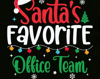 May include: A black and white graphic design with a red Santa hat, a green Christmas tree, and white snowflakes. The text reads "Santa's Favorite Office Team".