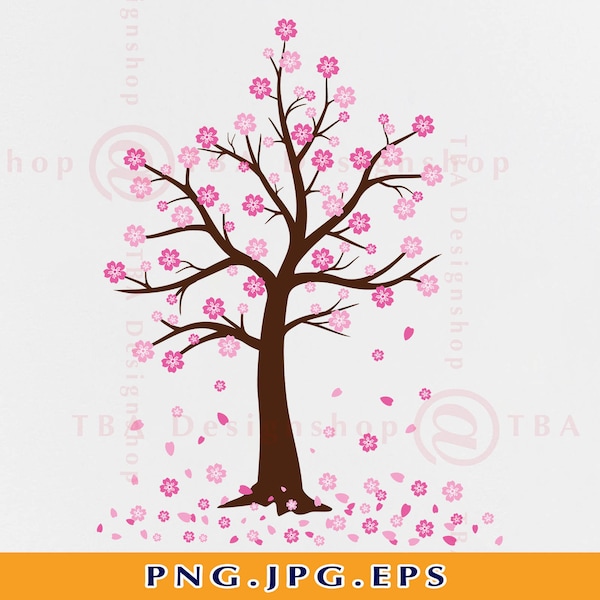 Cherry Blossom Tree PNG, Sakura PNG, Cherry Tree Clipart, Cherry Blossoms PNG, Japanese Sakura Flower, Cherry Tree Printable Card, Eps, Png