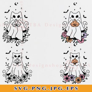 Floral Ghost Cat SVG Bundle, Halloween Boo Ghost SVG, Cute Ghost Cat Svg, Halloween Gift Svg, Cat Halloween Shirt, Svg Files For Cricut, PNG