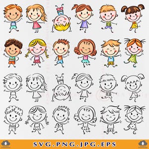 Doodle Happy Kids Clipart SVG PNG, Children Clipart Doodle, Children Kids Outline, Hand Drawn Cartoon kids Clipart, Cut Files Cricut, PNG