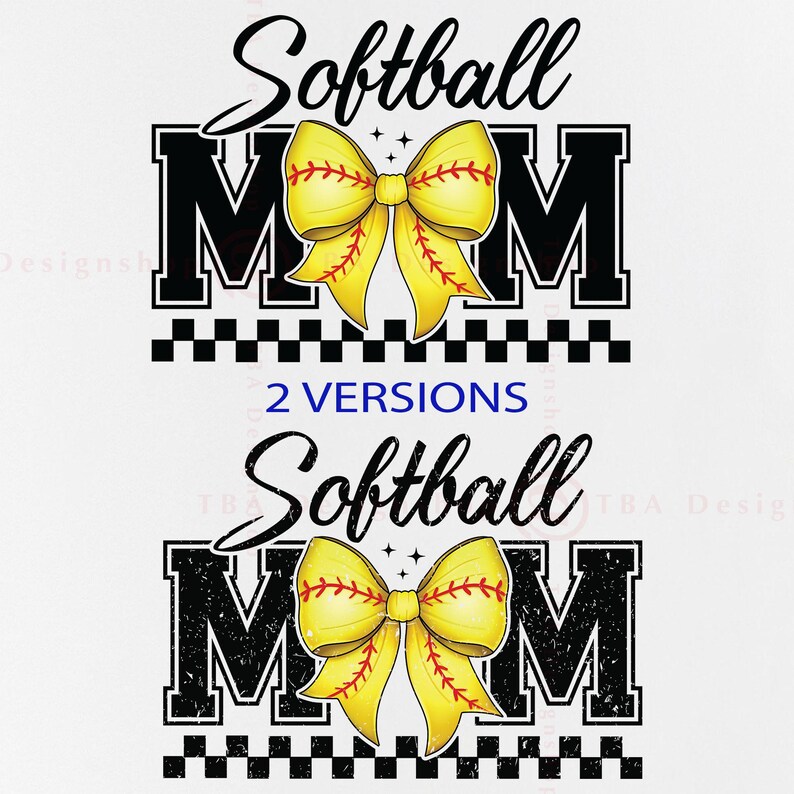 May include: Two versions of a black and white graphic design with the text "Softball Mom" and a yellow and red softball bow. The first version has a clean, bold font and the second version has a distressed font.