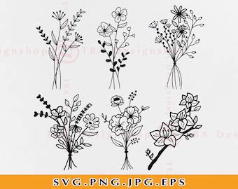 Blumenstrauß SVG, Blumen SVG Bundle, Wildflower SVG, Blumen SVG, Blumen handgezeichnet Svg, Botanische Clipart, Svg Dateien für Cricut, Svg, Png