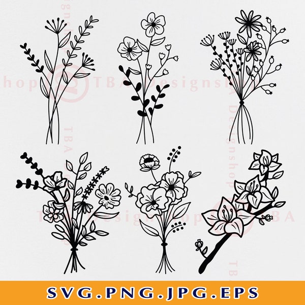 Blumenstrauß SVG, Blumen SVG Bundle, Wildflower SVG, Blumen SVG, Blumen handgezeichnet Svg, Botanische Clipart, Svg Dateien für Cricut, Svg, Png