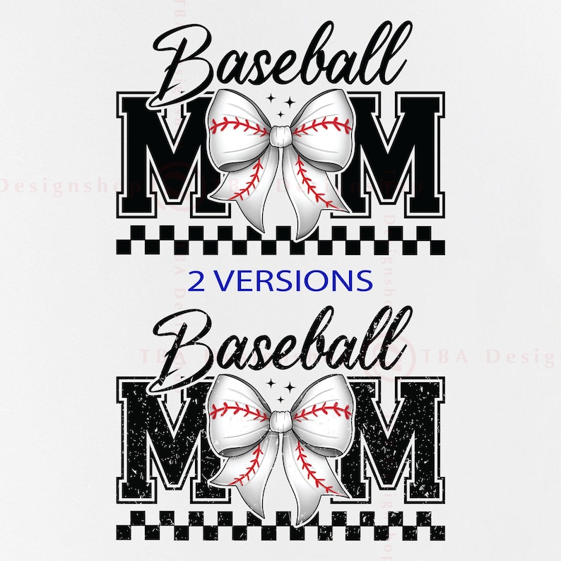 K&ouml;nnte beinhalten: Zwei Versionen eines schwarz-wei&szlig;en Grafikdesigns mit dem Text "Baseball Mom" in einer verwitterten Schriftart. Die Grafik zeigt eine wei&szlig;e Schleife mit roten N&auml;hten und einem Baseballmuster.