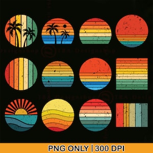 May include: Set of 10 retro-style sunset and beach themed digital clipart images. The images feature a variety of colors, including red, orange, yellow, blue, and green. The images are perfect for use in digital scrapbooking, card making, and other craft projects.