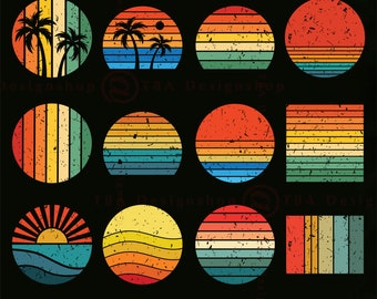 Retro zonsondergang png-bundel, verontruste strandpalmafbeeldingen (digitale download)
