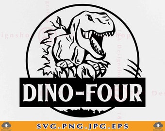 Dino Four SVG、4歳の誕生日 T-Rex シャツ、Cricut カットファイル (SVG、PNG)