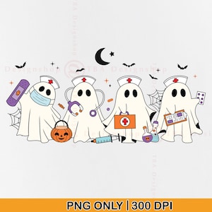 May include: A Halloween-themed illustration featuring four ghost characters dressed as nurses, each holding medical supplies. The ghosts wear nurse hats with red crosses and are surrounded by bats, a crescent moon, and spiderwebs. The text "PNG ONLY | 300 DPI" is at the bottom.