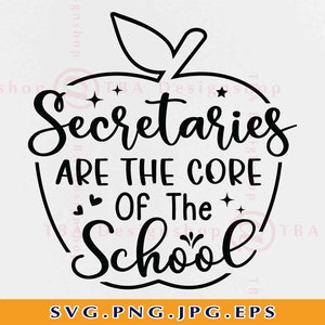 Può includere: Grafica in bianco e nero di una mela con il testo "Secretaries are the core of the school" all'interno.