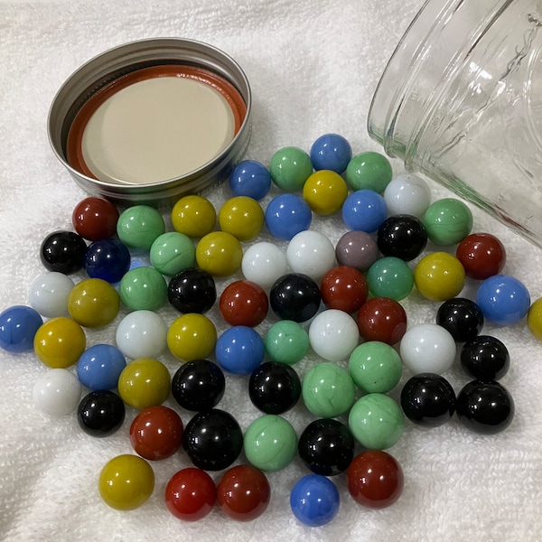 Vintage Lot of 64 Solid Colored Vitro Agate Marbles May Be Clay From The 1930's in a Ball Half Pint American Made Jelly Jar