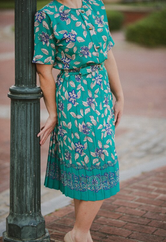 Vintage 1980's Aqua Floral A-Line Pleated Bentley