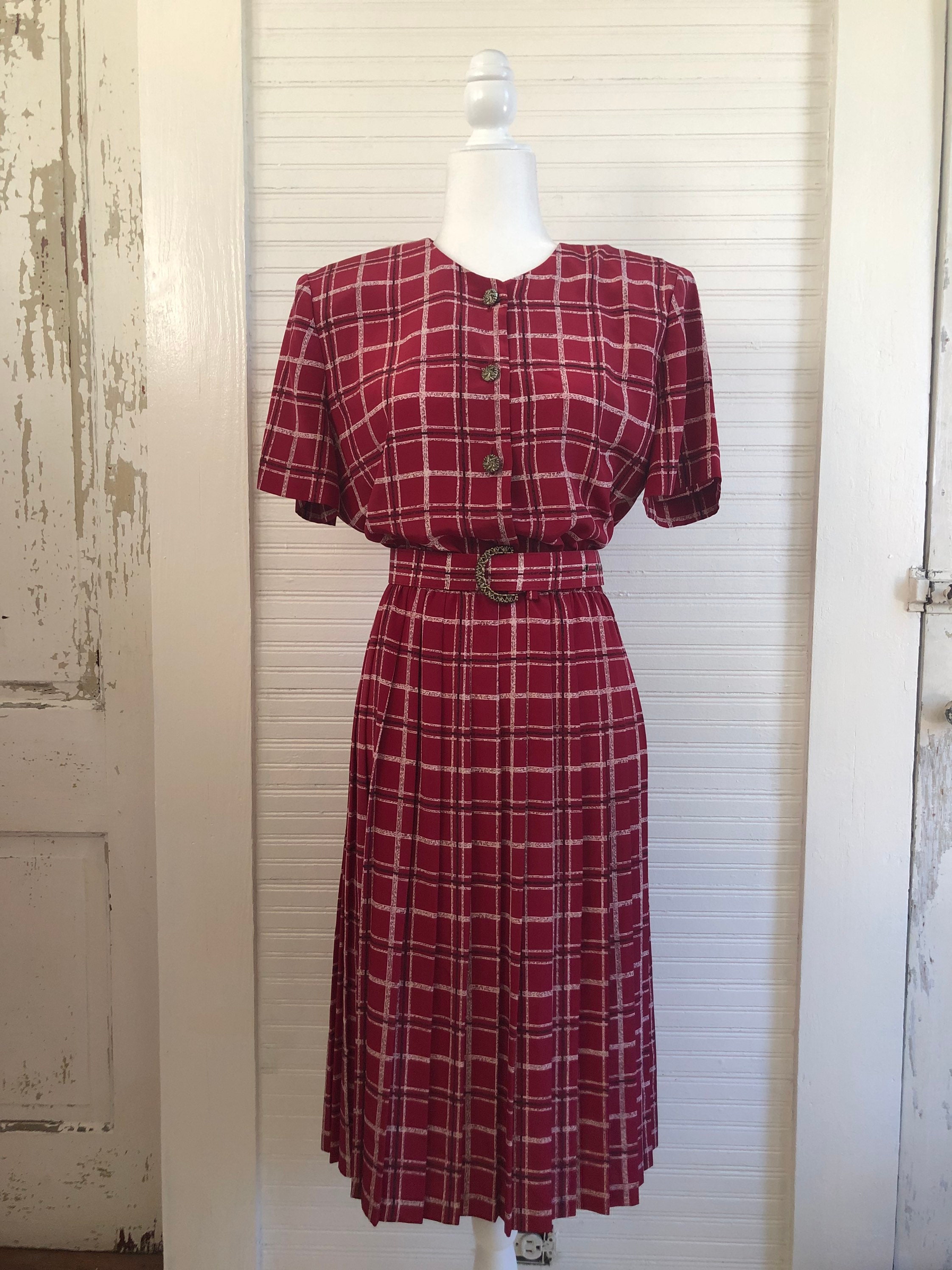 Vintage 1980's Red Checkered Pleated A-Line Leslie Fay | Etsy