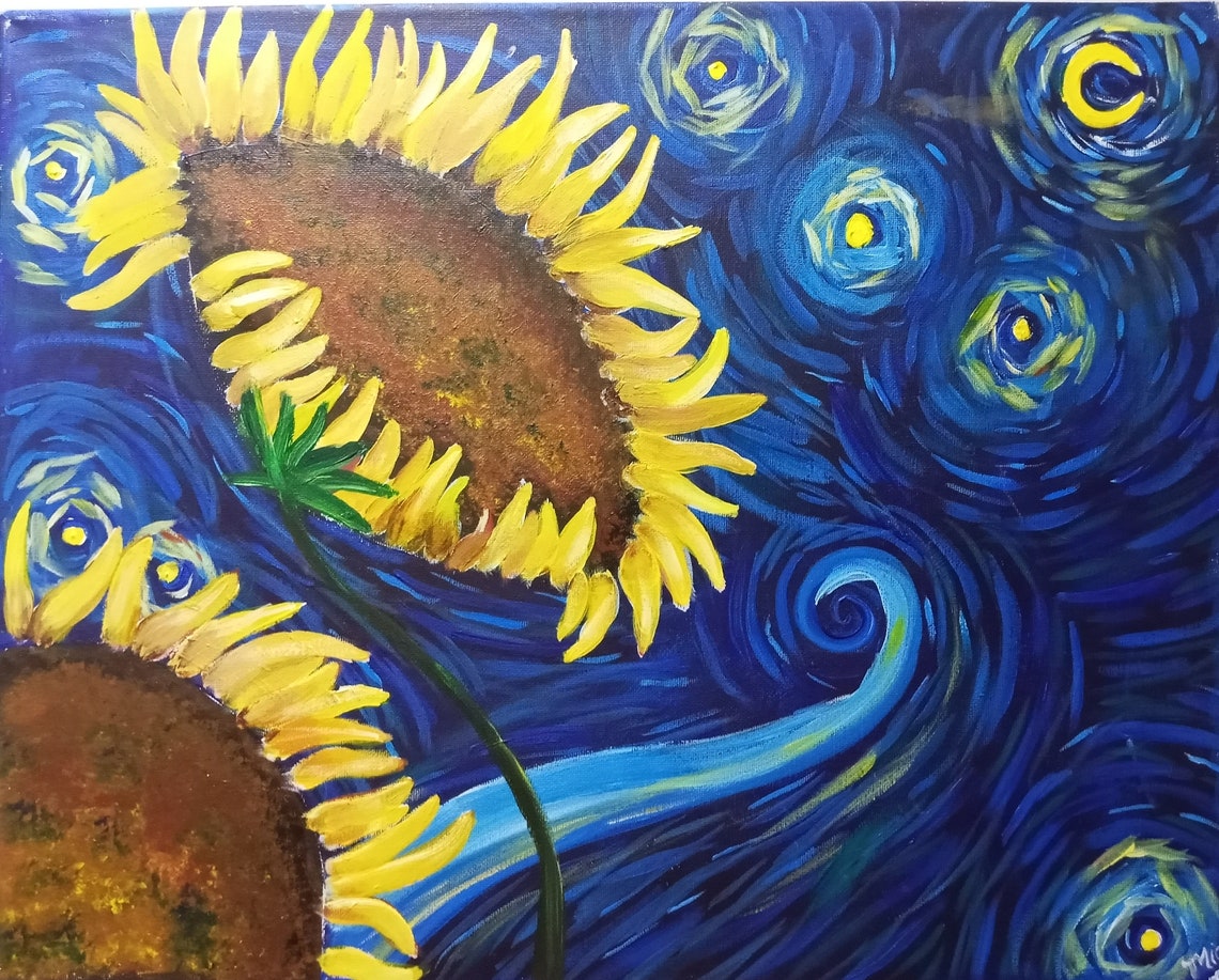Starry Night Sunflower Painting on Canvas Etsy
