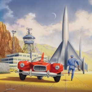 May include: A red futuristic car with a fin on the back is parked in front of a large rocket ship. A man in a blue uniform is running towards the rocket ship. The scene is set against a blue sky with clouds and a crescent moon.