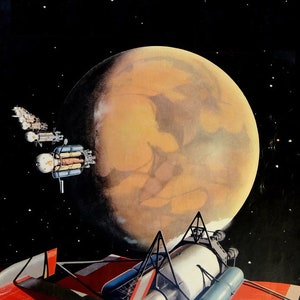 May include: A retro-style illustration of a spacecraft orbiting a red planet. The spacecraft is a silver and blue rocket with a large, cylindrical body and a long, thin tail. The planet is a reddish-brown color with a swirling pattern of clouds. The background is a dark blue space with stars.