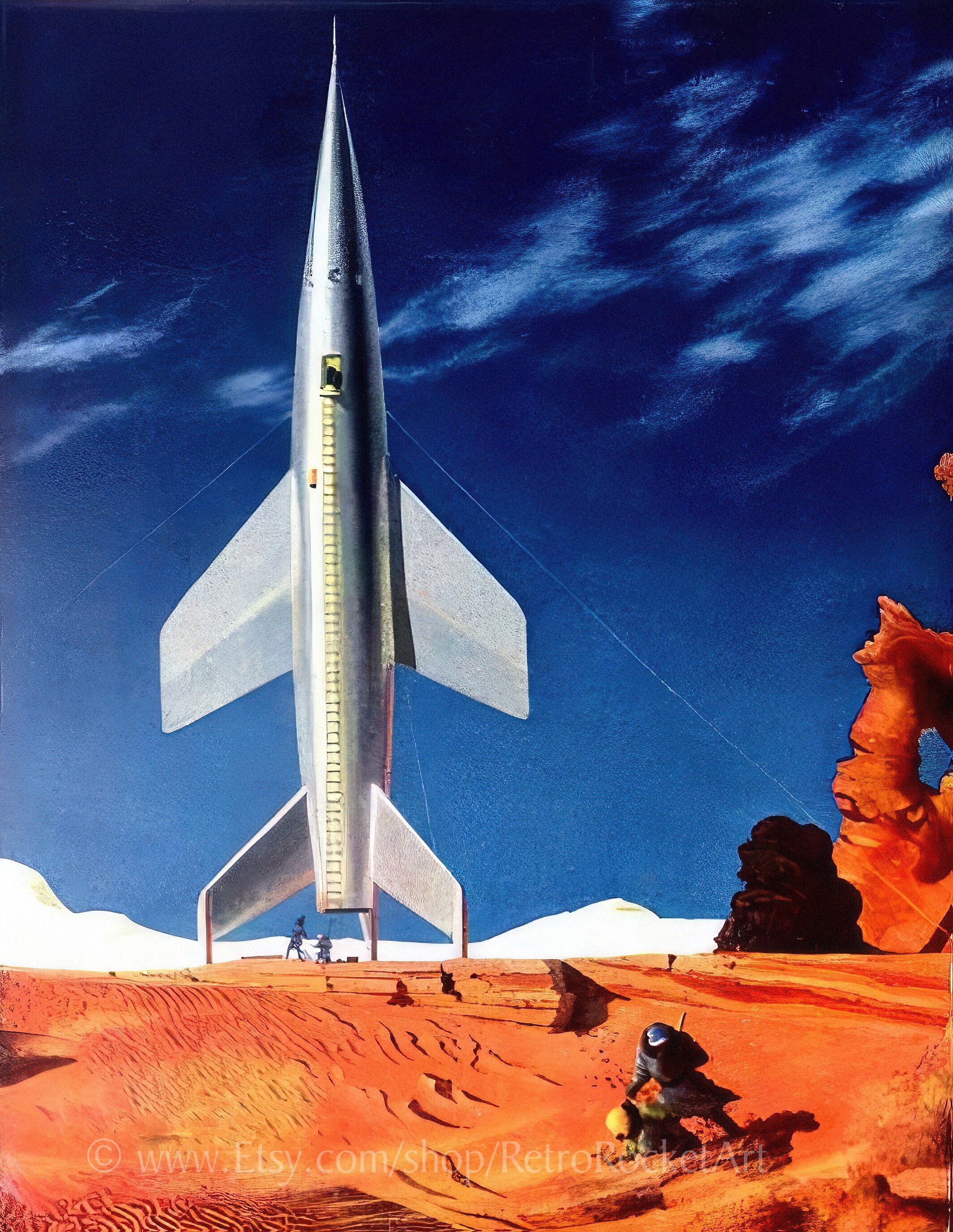 Tying Down a Spaceship on Mars in a Desert Sandstorm, The – Chesley Bonestell – Galaxy Magazine Cover – Vintage Science Fiction Art