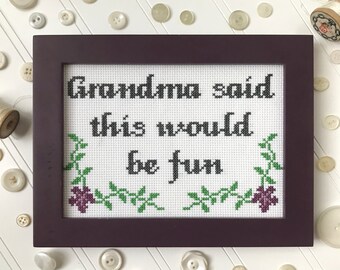 Vintage Cross stitch completed Granny Grandmother Berry Frame w Matting  11x10.5”