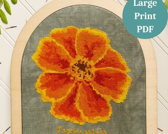 Modello punto croce fiore di calendula, STAMPA GRANDE, fiore di punto croce contato arancione del giardino botanico, download PDF digitale